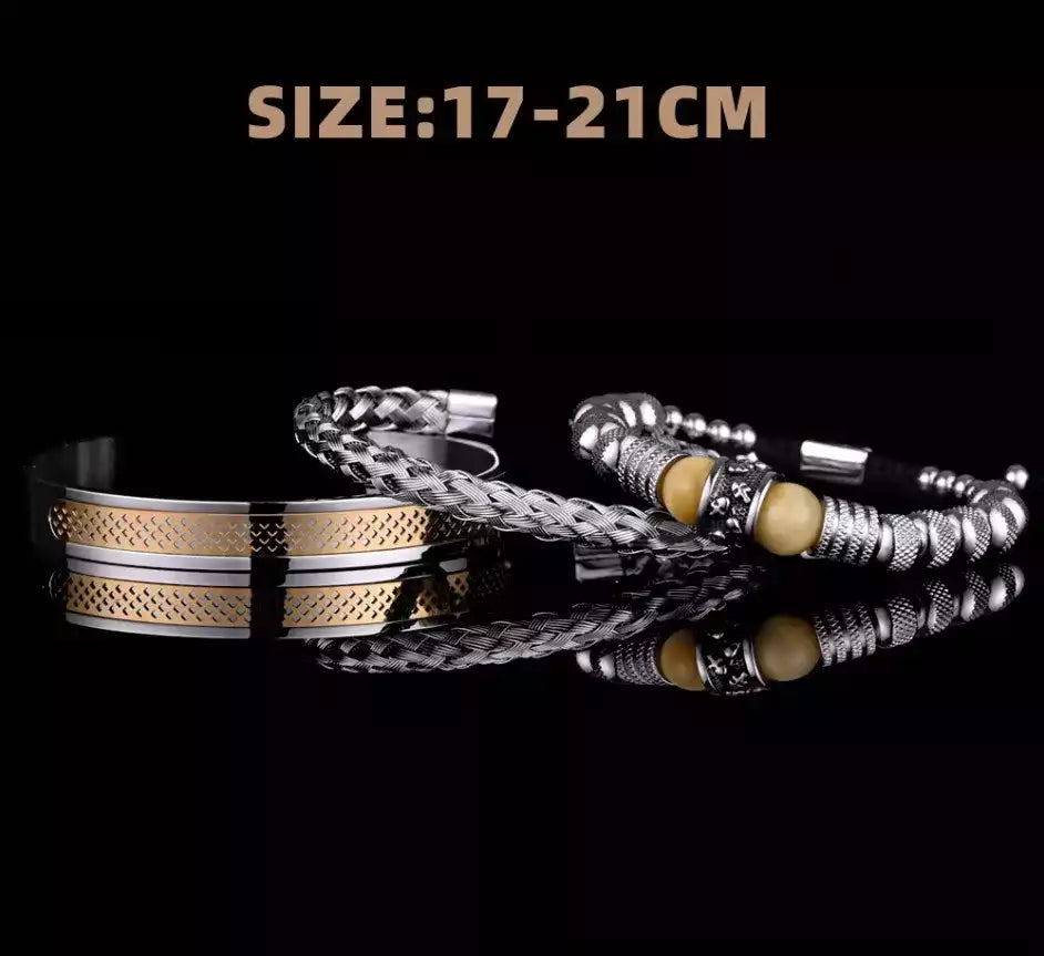 Bijou homme tendance : bracelet ajustable en pierres noires et acier inoxydable, parfait pour toutes les occasions.