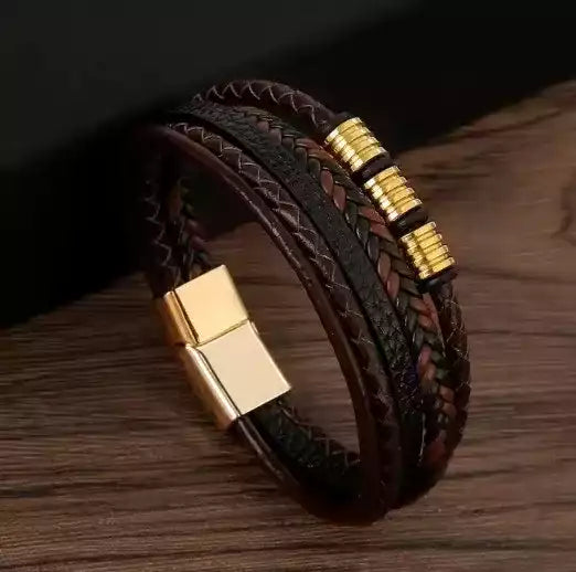 Bracelet masculin en cuir et perles naturelles