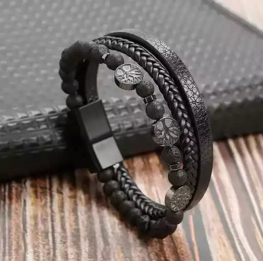 Bracelet homme en cuir et perles naturelles d’Œil de Tigre