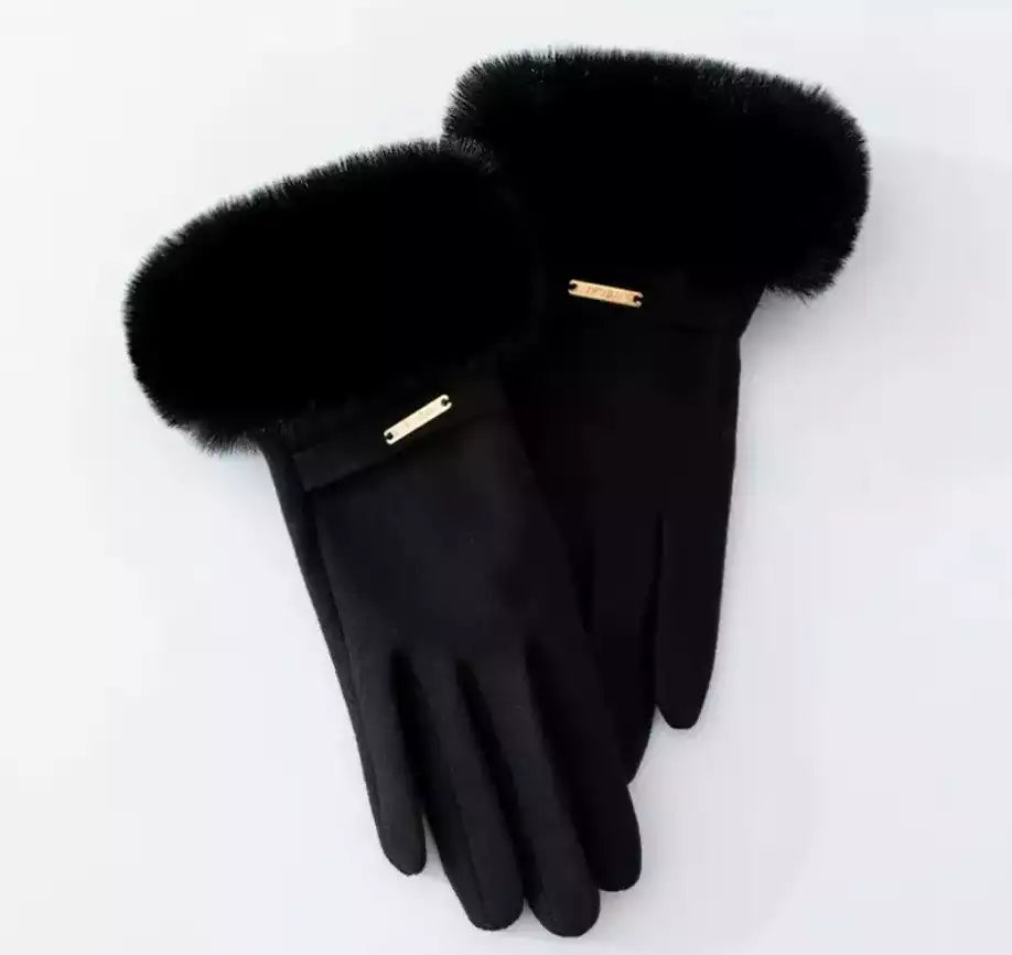 Gants en daim velours noir avec fourrure synthétique moelleuse