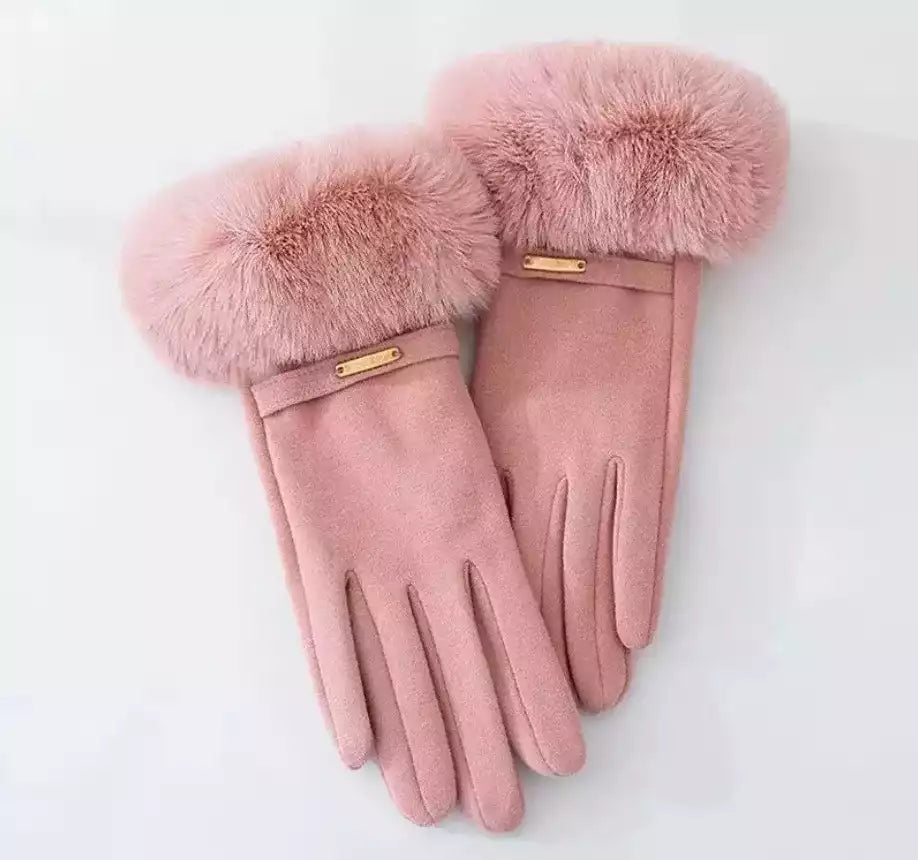 Gants en daim velours rose poudré avec fourrure élégante