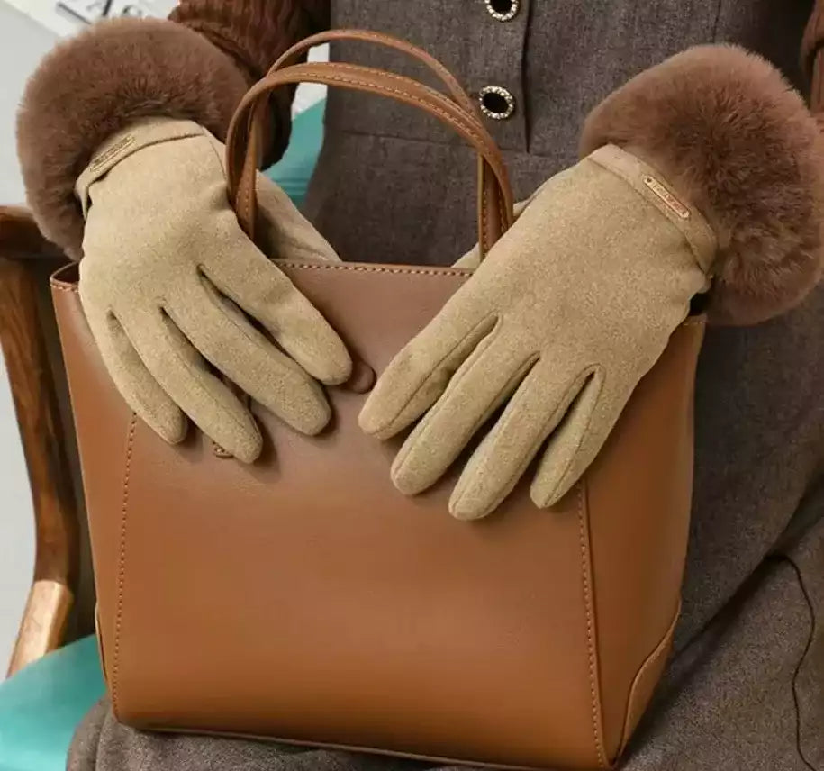 Gants d'hiver élégants en daim velours et fourrure synthétique