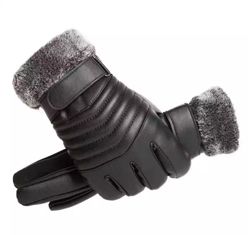 Gants en cuir noirs PU avec doublure en peluche pour l'hiver.