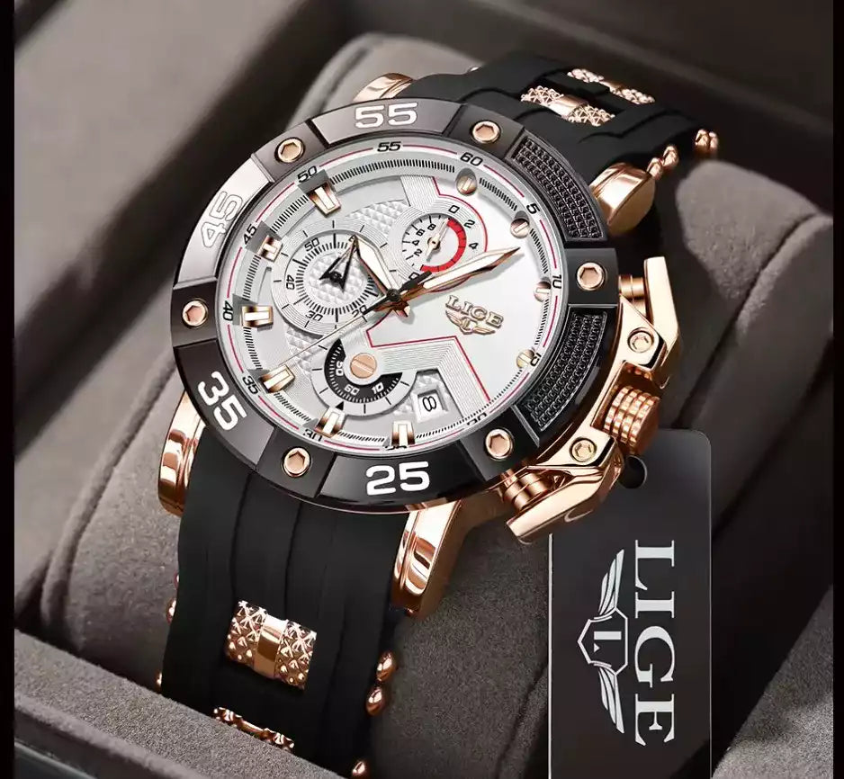 Montre de luxe homme LIGE Quartz étanche avec boîtier en acier inoxydable.