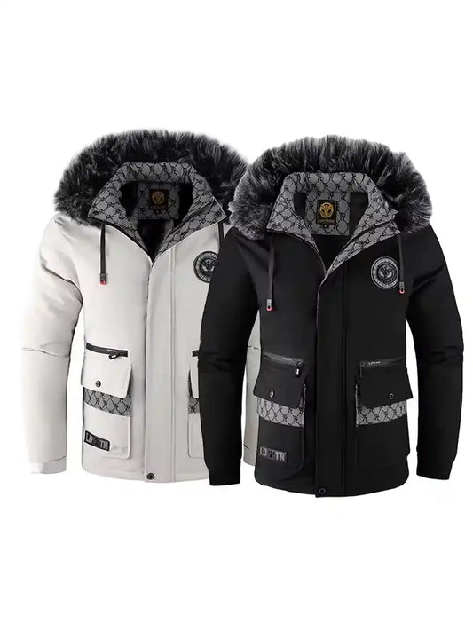 Veste d’hiver pour homme noire/blanc avec capuche en fausse fourrure