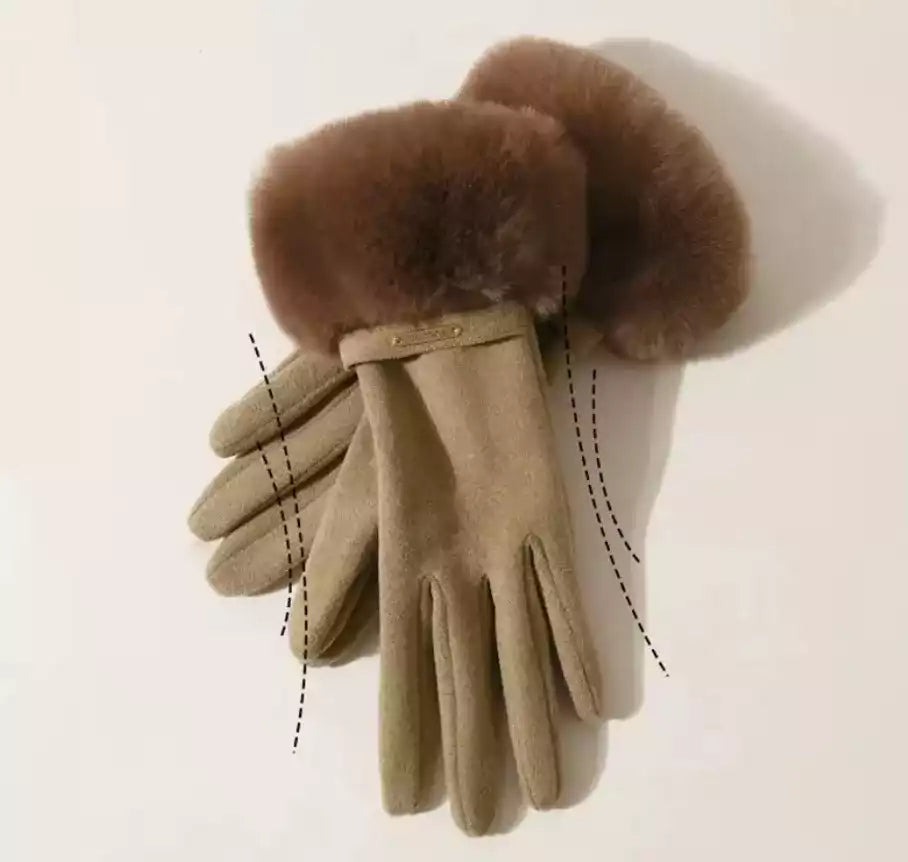 Gants d'hiver élégants en daim velours et fourrure synthétique